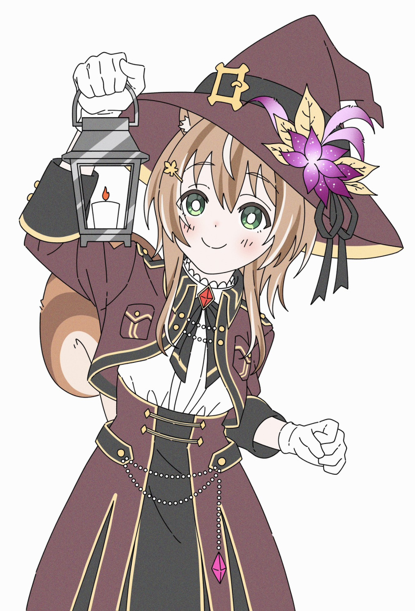 1girl animal_ear_fluff animal_ears arm_above_head ayunda_risu ayunda_risu_(3rd_costume) black_skirt blush breast_pocket brown_hair brown_headwear brown_jacket candle flower_035 gloves green_eyes hair_ornament hat high-waist_skirt highres holding holding_lantern hololive hololive_indonesia jacket lantern layered_skirt leaf_hair_ornament looking_at_viewer medium_hair medium_skirt pocket red_brooch red_skirt shirt skirt smile solo squirrel_ears squirrel_girl squirrel_tail tail white_background white_gloves white_shirt witch_hat