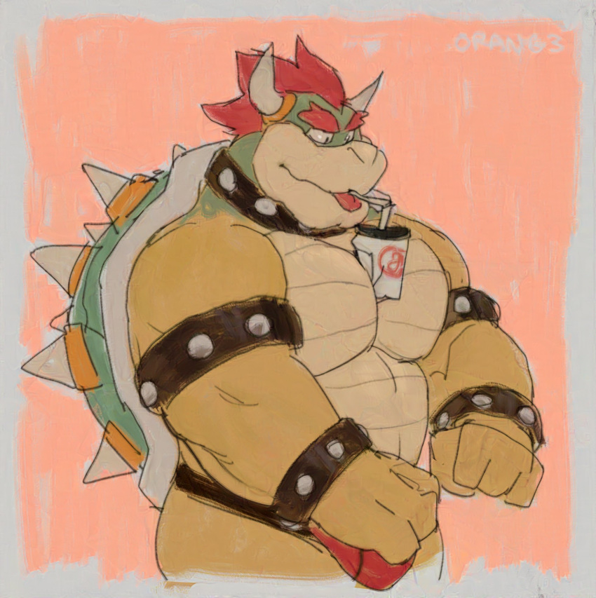 0rang3 2024 anthro armband barazoku beverage big_muscles big_pecs border bowser bracelet bulge clothed clothing collar container cup eyebrows flexing grey_border hair hi_res horn jewelry kemono koopa male mario_bros musclegut muscular muscular_anthro muscular_male nintendo pecs scalie shell simple_background solo spiked_armband spiked_bracelet spiked_collar spiked_shell spikes spikes_(anatomy) standing straw tan_background thick_arms thong thong_only tongue tongue_out topless topless_anthro topless_male underwear underwear_only