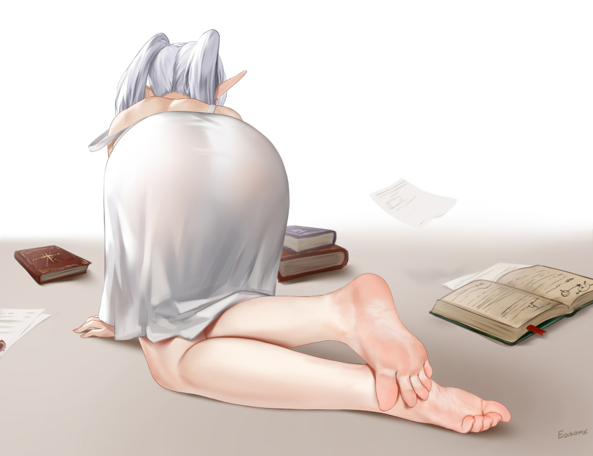 1girl artist_name ass back barefoot book crossed_ankles dress easonx elf facing_away feet frieren from_behind highres legs long_hair on_floor paper pointy_ears soles solo sousou_no_frieren strap_slip toes twintails white_dress white_hair