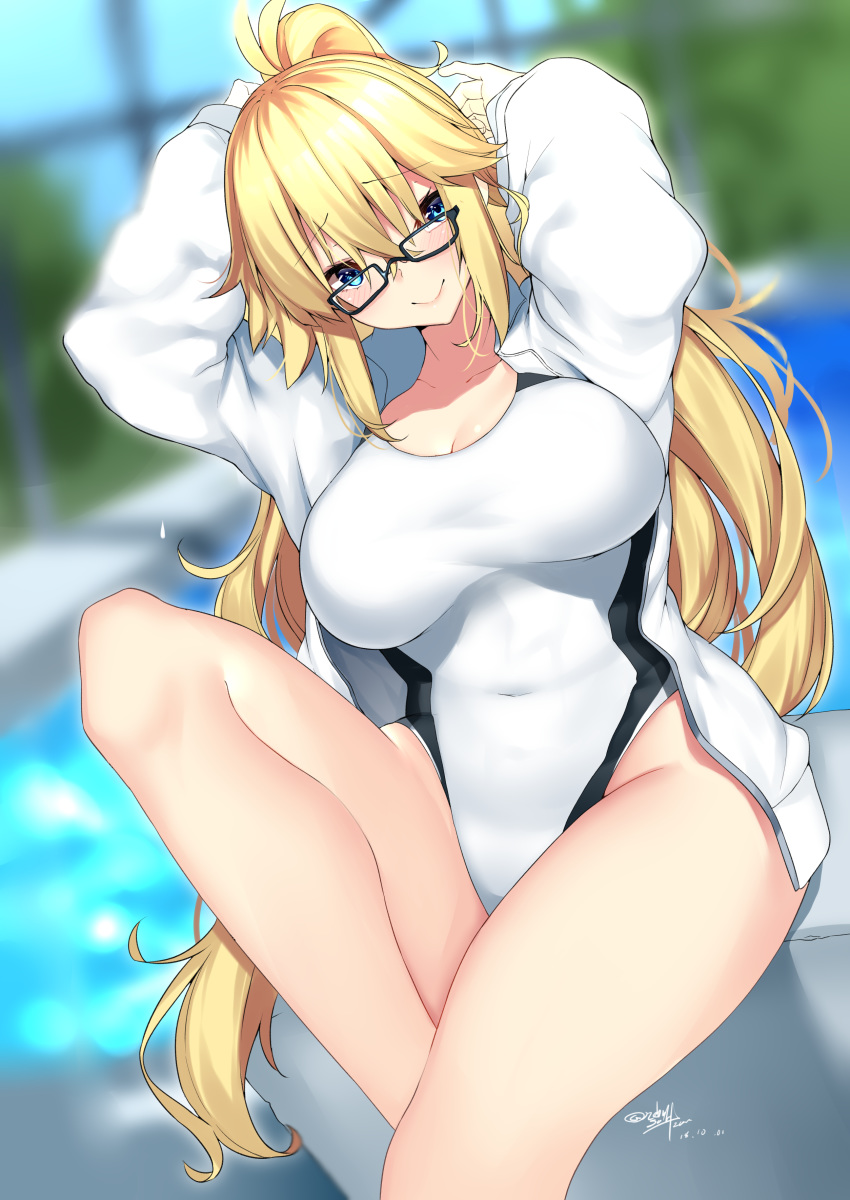 absurdres antenna_hair arms_behind_head arms_up bangs black-framed_eyewear blonde_hair blue_eyes blue_sky blurry blurry_background blush breasts closed_mouth collarbone commentary_request competition_swimsuit covered_navel dated day depth_of_field dutch_angle embarrassed eyebrows_visible_through_hair fate_(series) glasses groin hair_between_eyes high_ponytail highleg highleg_swimsuit highres hips indoors jacket jeanne_d'arc_(fate)_(all) jeanne_d'arc_(swimsuit_archer) knee_up large_breasts light_smile long_hair long_ponytail long_sleeves looking_at_viewer nebusoku nose_pads one-piece_swimsuit open_clothes open_jacket ponytail pool poolside raised_eyebrows rectangular_eyewear sidelocks signature sitting sky solo starting_block swimsuit thighs tree twitter_username very_long_hair water white_jacket white_swimsuit wide_ponytail window