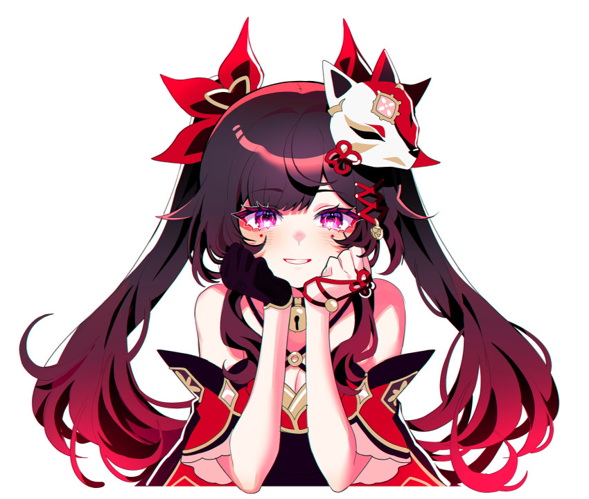 1girl bell black_choker blush bow breasts brown_hair choker cleavage criss-cross_halter dress fox_mask gradient_hair hair_bow halterneck hands_on_own_cheeks hands_on_own_face highres honkai:_star_rail honkai_(series) long_hair looking_at_viewer mask mask_on_head medium_breasts multicolored_hair neck_bell o-ring pink_eyes red_bow red_dress red_hair savi_(byakushimc) sidelocks simple_background solo sparkle_(honkai:_star_rail) straight-on twintails white_background