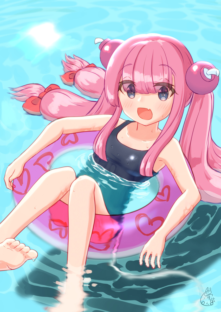 1girl :d absurdres afloat arm_rest bare_arms bare_legs barefoot blue_eyes blunt_bangs blunt_ends bomb_hair_ornament bombergirl bow breasts day dreamtravel36 eyes_visible_through_hair fang floating_hair foot_up hair_bow hair_over_eyes highres innertube knees_up light_blush long_hair looking_at_viewer momoko_(bombergirl) multiple_hair_bows one-piece_swimsuit open_mouth partially_submerged pink_hair pink_innertube quad_tails red_bow school_swimsuit sidelocks skin_fang small_breasts smile solo straight_hair swim_ring swimsuit water wet