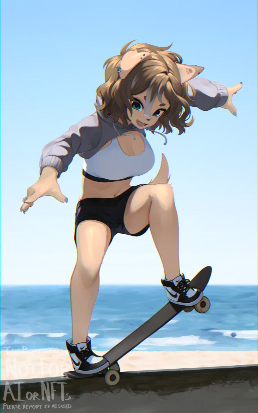 2023 anthro beach beach_background black_bottomwear black_clothing black_footwear black_shoes black_shorts blue_claws blue_eyes bottomwear breasts brown_hair canid canine canis claws cleavage clothed clothing colored domestic_dog ear_piercing english_text eyebrows female footwear fur grey_clothing grey_hoodie grey_topwear hair hi_res hoodie mammal meme meme_clothing navel open_mouth piercing shaded shoes short_hair shorts skateboard skateboard_trick skateboarding sky solo spots tan_body tan_fur text tongue topwear twitter_hoodie vehicle white_clothing white_topwear yoako