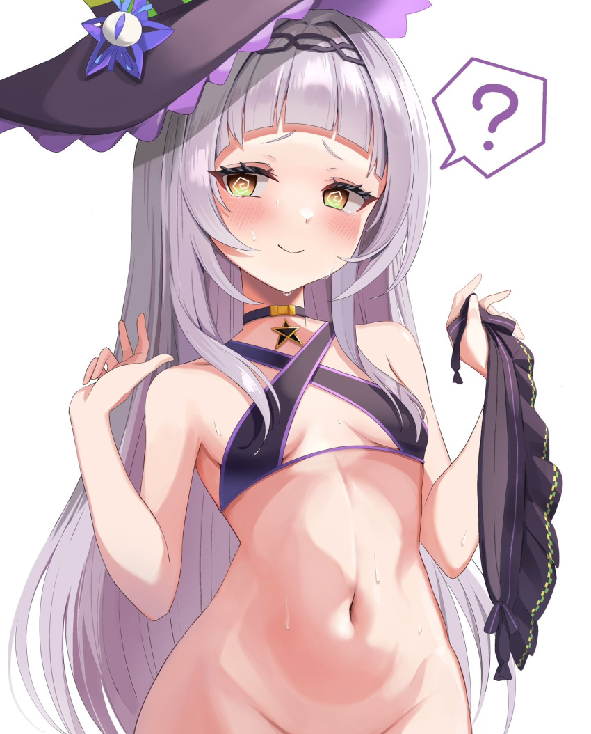 1girl ? @_@ arched_bangs bare_arms bare_shoulders bikini bikini_skirt black_bikini black_choker black_headwear black_skirt blush bottomless breasts bunching_hair choker closed_mouth commentary criss-cross_halter embarrassed grey_hair groin hairband halterneck hands_up hat highres holding holding_hair hololive long_hair looking_to_the_side murasaki_shion murasaki_shion_(hololive_summer_2019) navel nervous_smile nervous_sweating official_alternate_costume pendant_choker shinonome_shino_(artist) short_eyebrows simple_background skirt sling_bikini_top small_breasts smile solo spoken_question_mark star_(symbol) star_choker stomach sweat swimsuit symbol-only_commentary tilted_headwear unworn_bikini_bottom unworn_skirt very_sweaty virtual_youtuber wet white_background witch_hat yellow_eyes