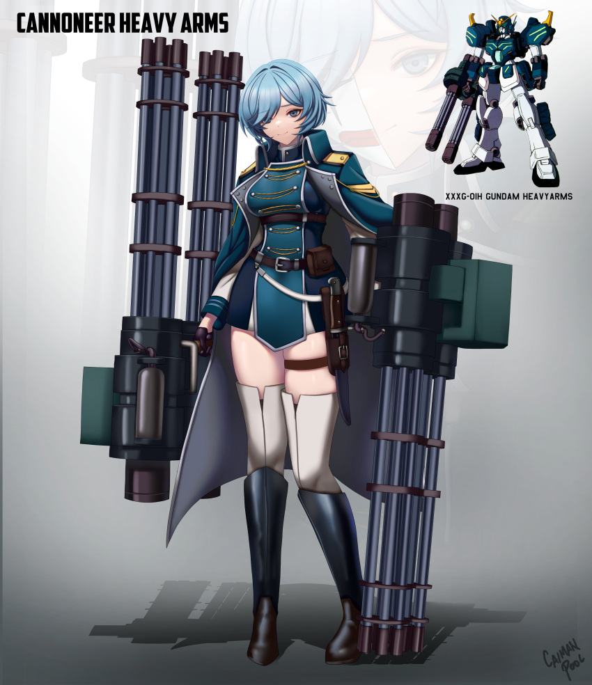 1girl absurdres blue_hair boots breasts caiman_pool cape chain_gun clown_mask dual_wielding full_body gatling_gun gloves grey_eyes gundam gundam_heavyarms_custom gundam_wing gundam_wing_endless_waltz hair_over_one_eye highres holding knife_sheath long_sleeves mask medium_breasts military_uniform sheath shiny_skin skindentation standing thigh_strap thighhighs uniform white_thighhighs zoom_layer