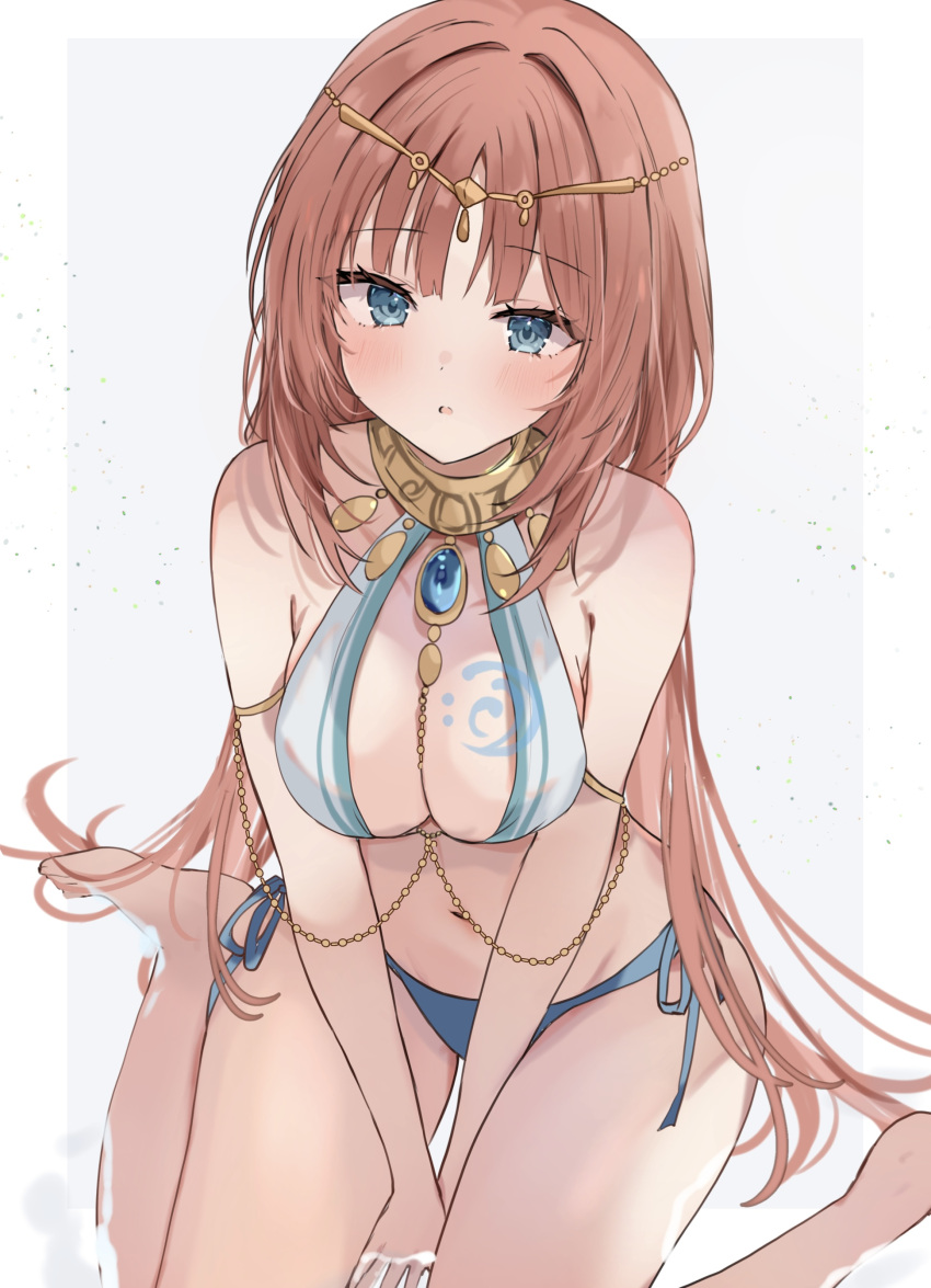 1girl absurdres adapted_costume aqua_eyes armlet bare_legs bare_shoulders barefoot between_breasts between_legs bikini blue_bikini blue_gemstone blush bracer breasts chain circlet cleavage gem genshin_impact gold_chain hand_between_legs highres hydro_symbol_(genshin_impact) jewelry large_breasts long_hair looking_at_viewer maruro navel nilou_(genshin_impact) open_mouth parted_bangs red_hair side-tie_bikini_bottom sitting solo stomach swimsuit thighs two-tone_background wariza