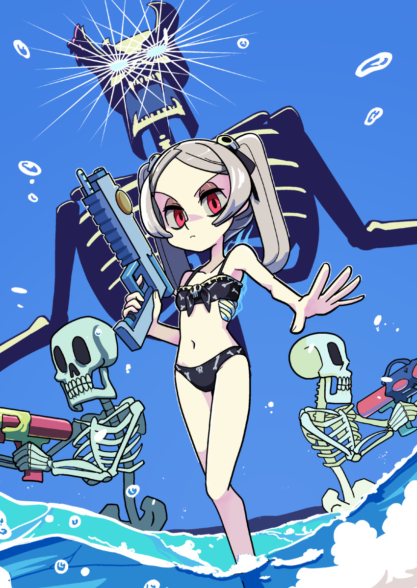 1girl bloody_marie_(skullgirls) blue_sky bone_print feet_out_of_frame frown grey_hair hair_ornament highres holding holding_water_gun kuroirozuki long_hair looking_at_viewer red_eyes skeleton skull_hair_ornament skullgirls sky solo swimsuit twintails v-shaped_eyebrows water water_gun