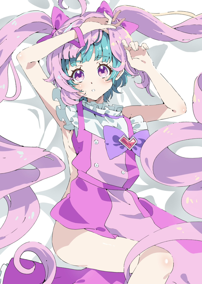 1girl aozora_himari aozora_himari_(cosplay) arms_up bed_sheet blue_hair blunt_bangs bow commentary_request cosplay covering_privates dress feet_out_of_frame fujidera_minori hair_bow highres himitsu_no_aipri idol_clothes long_hair looking_at_viewer lying nude_cover omega_auru on_back open_mouth parted_lips pink_dress pink_hair pretty_series purple_bow purple_eyes short_hair simple_background solo tsujii_luki twintails unworn_dress voice_actor_connection waccha_primagi! white_background wig