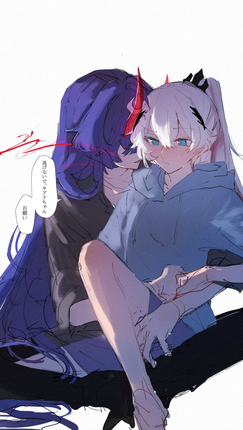 2girls absurdres black_pants blue_eyes blue_hoodie blue_shorts blush chinese_commentary closed_mouth commentary_request drawstring hands_on_another's_waist highres honkai_(series) honkai_impact_3rd hood hoodie horns kiana_kaslana kiana_kaslana_(herrscher_of_flamescion) long_hair mixed-language_commentary moonsun77773 multicolored_hair multiple_girls pants parted_lips ponytail purple_hair raiden_mei raiden_mei_(herrscher_of_thunder) red_hair shorts simple_background sitting sitting_on_lap sitting_on_person speech_bubble streaked_hair sweat translation_request white_background white_hair yuri