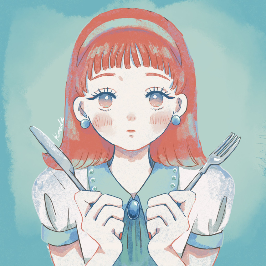 1girl blunt_bangs blush brooch closed_mouth earrings english_commentary fork green_background hairband hands_up highres holding holding_fork holding_knife jewelry knife koeda long_hair looking_at_viewer medium_hair original puffy_sleeves red_hair red_nails shirt short_sleeves signature solo sphere_earrings straight-on upper_body