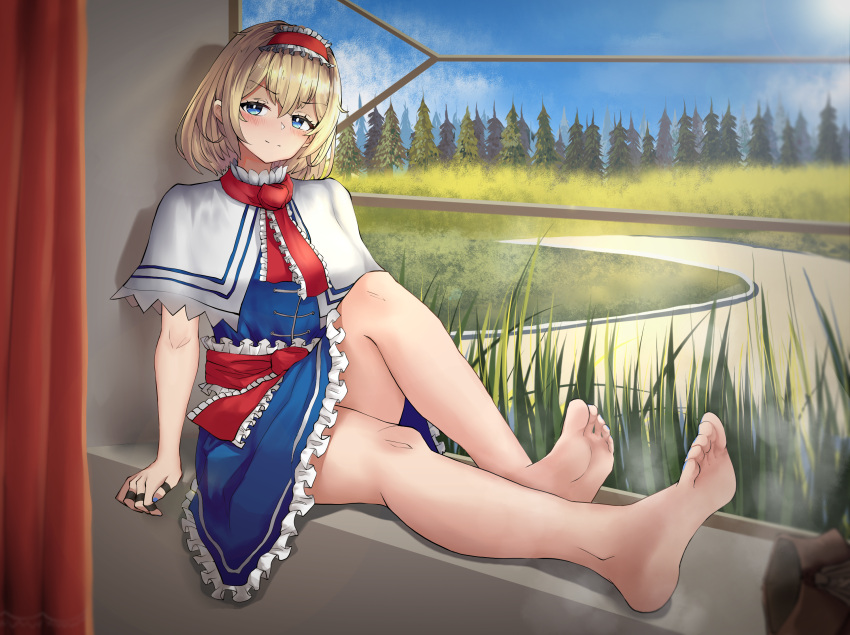 1girl alice_margatroid ascot barefoot blonde_hair blue_eyes blue_nails blue_sky boots capelet cloud curtains day dress feet frilled_dress frilled_hairband frills grass hairband hakurei_fling highres jewelry knees legs nail_polish no_shoes path red_ascot red_hairband ring shoes sitting sitting_in_window sky socks soles solo steaming_body tall_grass toes touhou tree unworn_boots unworn_shoes white_capelet