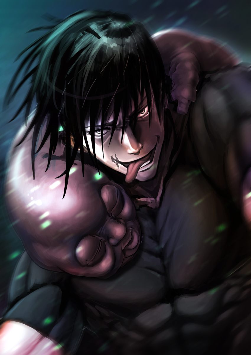 1boy absurdres artist_request black_hair crazy_smile creature creature_on_shoulder dutch_angle floating_hair fushiguro_touji highres jujutsu_kaisen looking_at_viewer male_focus mature_male monster motion_blur muscular muscular_male on_shoulder pectorals scar scar_on_face scar_on_mouth shirt short_hair smile snowing solo taut_clothes taut_shirt tongue tongue_out upper_body