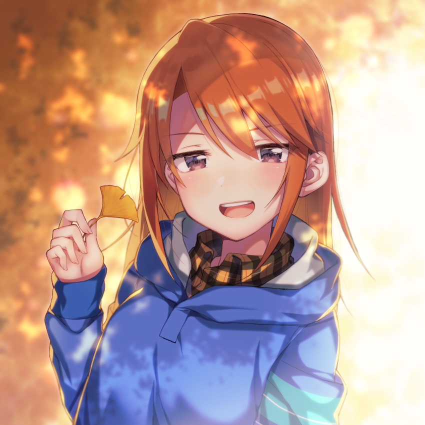 :d absurdres armband autumn autumn_leaves bangs blue_coat blurry blush brown_shirt collared_shirt commentary_request day depth_of_field ginkgo_leaf hand_up highres holding holding_leaf hood hood_down hooded_coat ichiren_namiro idolmaster idolmaster_cinderella_girls leaf long_hair long_sleeves looking_at_viewer open_mouth outdoors plaid plaid_shirt purple_eyes red_hair shirt sleeves_past_wrists smile solo upper_body upper_teeth wing_collar yuuki_haru