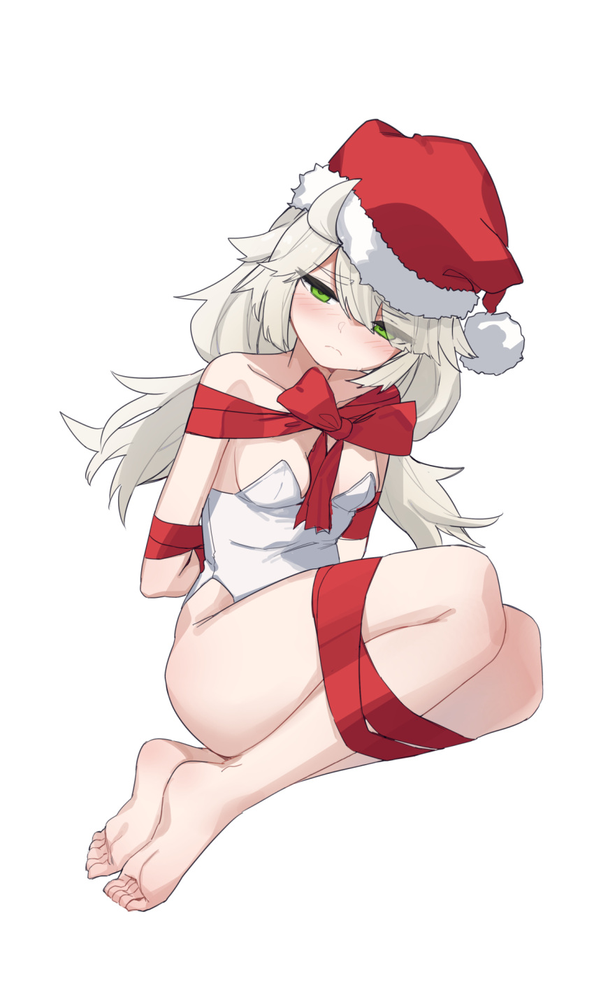 1girl aningay arms_behind_back bare_legs bare_shoulders barefoot blush breasts closed_mouth collarbone fur-trimmed_headwear fur_trim green_eyes grey_hair hair_between_eyes half-closed_eyes hat highres leotard long_hair medium_breasts original red_hat red_ribbon ribbon santa_hat simple_background soles solo strapless strapless_leotard thick_eyebrows very_long_hair white_background white_leotard