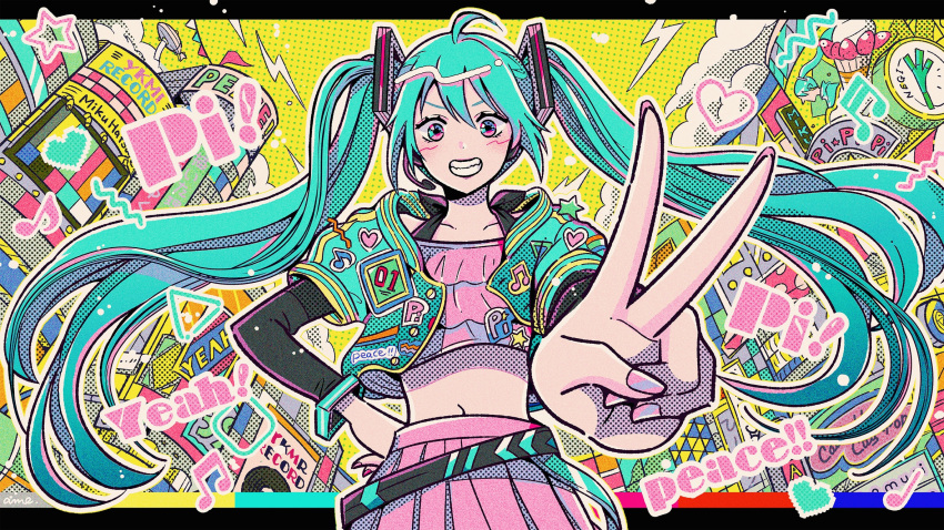 1girl ahoge aqua_hair beamed_eighth_notes city cloud colorful commentary_request cowboy_shot crop_top cropped_jacket eighth_note grin hand_on_own_hip hatsune_miku headset heart highres jacket kohaku_ame lightning_bolt_symbol long_hair long_sleeves looking_at_viewer midriff multicolored_eyes musical_note nail_polish navel outdoors outstretched_arm pink_nails pink_skirt skirt sky smile solo star_(symbol) twintails v very_long_hair vocaloid yellow_sky