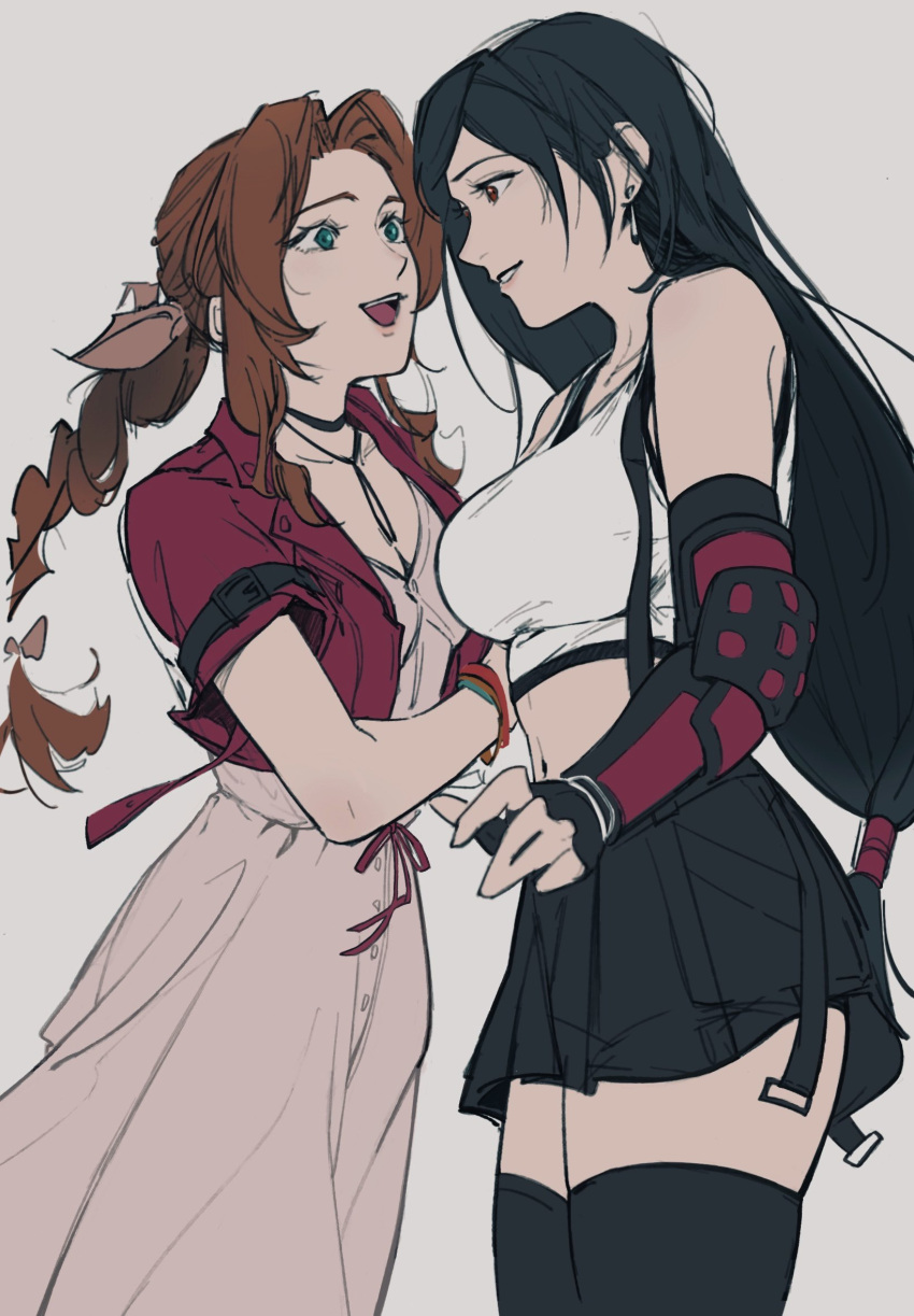 2girls aerith_gainsborough bangle black_bra black_gloves black_hair black_skirt black_thighhighs bra bracelet braid braided_ponytail breasts brown_hair choker cleavage cowboy_shot crop_top cropped_jacket dangle_earrings dress earrings elbow_gloves elbow_pads final_fantasy final_fantasy_vii final_fantasy_vii_rebirth final_fantasy_vii_remake fingerless_gloves gloves green_eyes grey_background hair_ribbon hair_tie highres jacket jewelry large_breasts long_dress long_hair looking_at_another low-tied_long_hair medium_breasts midriff miniskirt multiple_girls open_mouth parted_bangs parted_lips pink_dress pink_ribbon red_eyes red_jacket ribbon ribbon_choker sanuki_uudon3 shirt short_sleeves sidelocks single_braid single_elbow_pad skindentation skirt sleeveless sleeveless_shirt smile sports_bra suspenders thighhighs tifa_lockhart underwear wavy_hair white_shirt