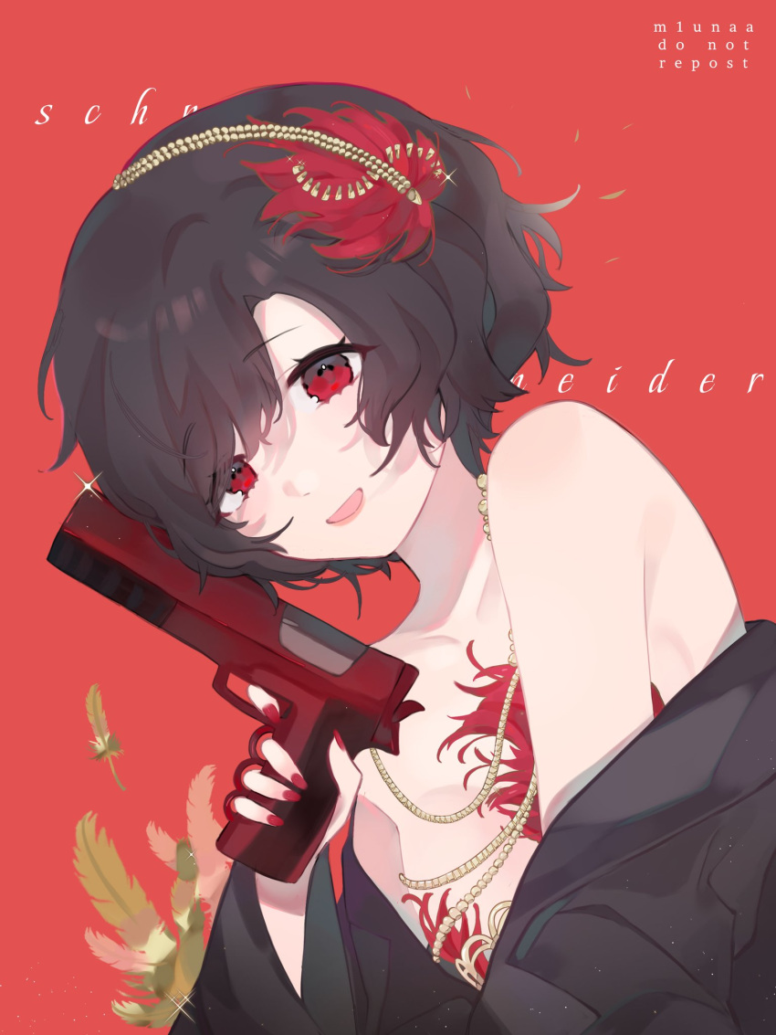 1girl :d artist_name bare_shoulders black_coat black_hair character_name coat dress feather_dress feather_hair_ornament feathers gun hair_ornament hairband hand_up handgun highres holding holding_gun holding_weapon jewelry long_sleeves miiu_(m1unaa) necklace off_shoulder red_background red_dress red_eyes red_nails reverse:1999 schneider_(reverse:1999) short_hair smile solo strapless strapless_dress upper_body weapon