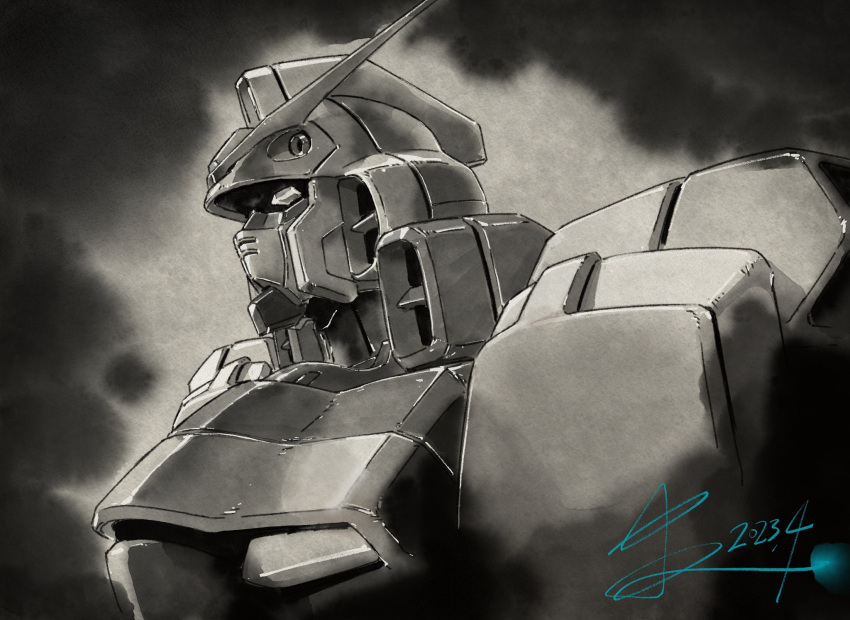 commentary_request dated from_side gundam highres looking_ahead mecha mecha_focus mobile_suit monochrome nakada_eiji no_humans portrait profile robot science_fiction signature solo v-fin v_gundam victory_gundam