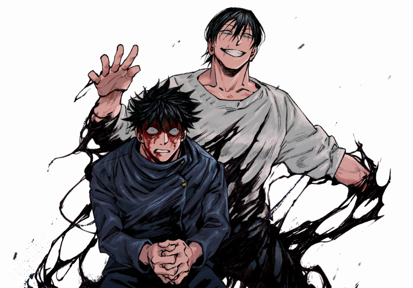 2boys black_hair blood blood_on_face constricted_pupils cowboy_shot duel evil_grin evil_smile fushiguro_megumi fushiguro_touji grin interlocked_fingers jujutsu_kaisen male_focus mature_male multiple_boys muscular muscular_male natsu_(rodysanp) scar scar_on_face scar_on_mouth short_hair smile wide-eyed