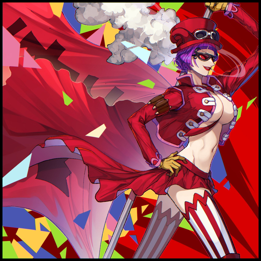 1girl belo_betty black_border bob_cut border breasts commentary_request cowboy_shot crazy_otama cropped_jacket flag gloves goggles goggles_on_headwear hand_on_own_hip hat_feather highres holding holding_flag long_sleeves necktie one_piece purple_hair red-tinted_eyewear red_flag red_hat red_lips red_necktie red_shirt red_theme red_thighhighs shirt smile smoke solo striped_clothes striped_thighhighs thighhighs tinted_eyewear two-tone_thighhighs vertical-striped_clothes vertical-striped_thighhighs white_thighhighs
