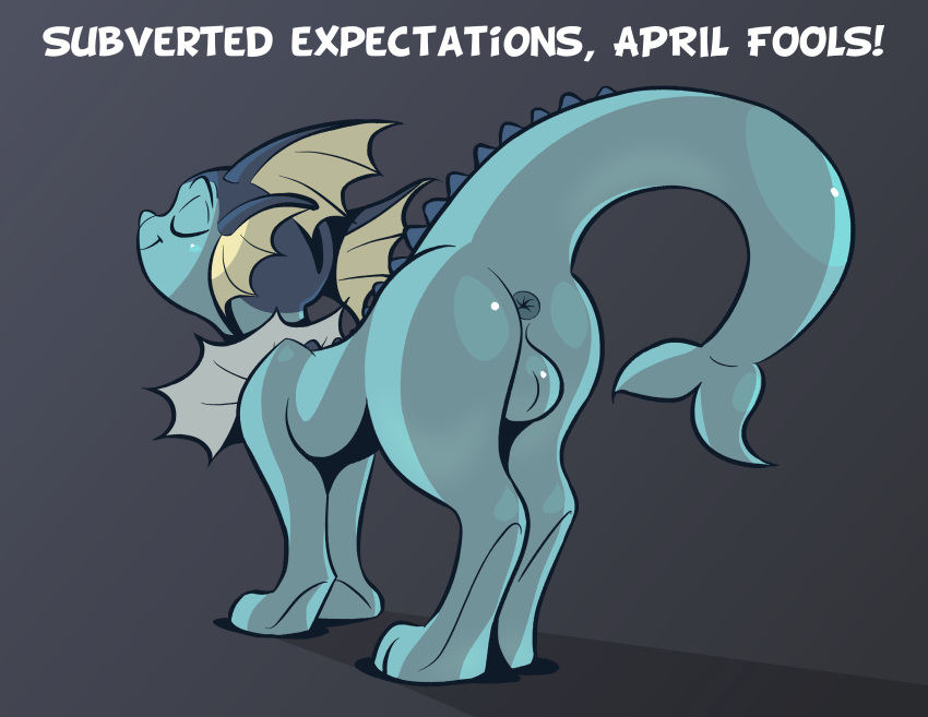 2024 absurd_res anus april_fools'_day backsack balls blue_body cc-by-nc-nd creative_commons eeveelution english_text eyebrows feral fin generation_1_pokemon genitals hi_res holidays male marchharedraws marine nintendo paws pokemon pokemon_(species) quadruped smile solo tail tail_fin text vaporeon