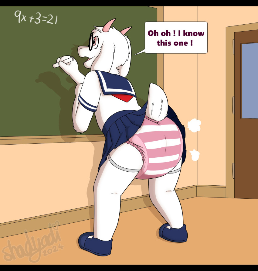 2_horns alternate_version_at_source anthro asian_clothing bottomwear bovid caprine chalkboard classroom clean_diaper clothed clothing darkner deltarune dialogue diaper east_asian_clothing eyewear footwear fur glasses goat hi_res horn japanese_clothing japanese_school_uniform legwear male mammal math open_mouth open_smile pink_diaper pink_eyes pink_horn raised_bottomwear raised_clothing raised_skirt raised_tail ralsei school school_uniform shadyadi shoes skirt smile solo speech_bubble striped_diaper tail tail_under_skirt thigh_highs undertale_(series) uniform watermark white_body white_fur