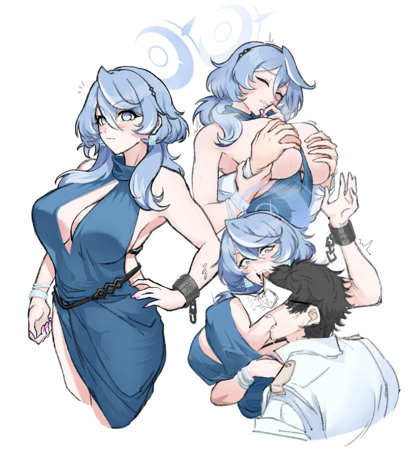 1boy 1girl absurdres ako_(blue_archive) ako_(dress)_(blue_archive) biting blue_archive blue_dress blue_eyes blue_hair breast_biting breasts cleavage cleavage_cutout clothing_cutout commentary doodle_sensei_(blue_archive) dress grabbing grabbing_another's_breast halo highres large_breasts official_alternate_costume sensei_(blue_archive) sleeveless sleeveless_dress smugigante teeth upper_teeth_only