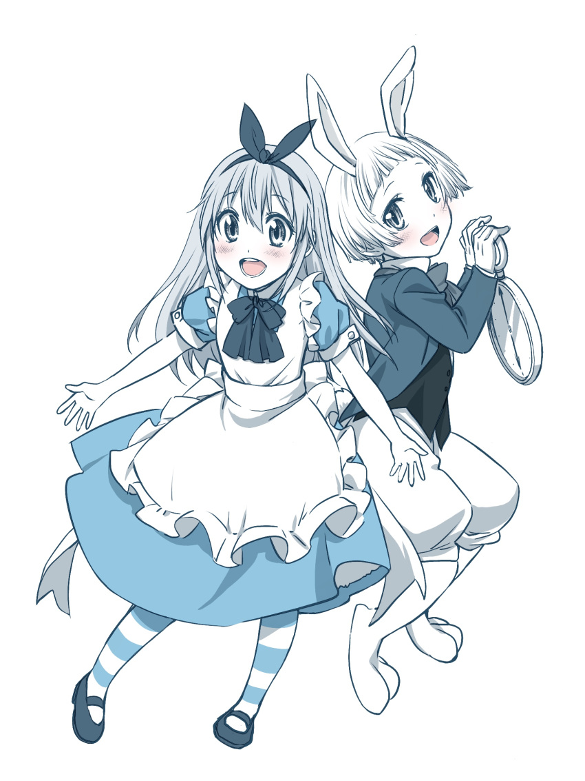 1girl alice_(wonderland) alice_(wonderland)_(cosplay) alice_in_wonderland animal_ears apron bangs blunt_bangs blush bunny_ears clock cosplay dress full_body hairband halloween halloween_costume hataraku_saibou highres jacket long_hair long_sleeves looking_at_viewer monochrome nayomi neck_ribbon open_mouth platelet_(hataraku_saibou) ribbon shoes short_hair short_sleeves simple_background smile striped striped_legwear vest white_background white_rabbit white_rabbit_(cosplay)