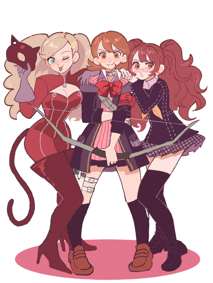 3girls blonde_hair boots bow_(weapon) breasts brown_hair cat_mask chimney_(chimney0311) cleavage gekkoukan_high_school_uniform glasses gloves highres holding holding_bow_(weapon) holding_weapon in-franchise_crossover kujikawa_rise mask multiple_girls persona persona_3 persona_3_reload persona_4 persona_5 purple_gloves s.e.e.s school_uniform simple_background smile takamaki_anne takeba_yukari thigh_boots thighhighs twintails weapon yasogami_school_uniform zipper