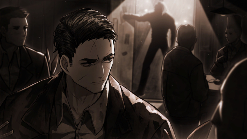 2boys 4others animal_ears armband black_hair brown_jacket brown_theme card collared_shirt door game_cg hair_slicked_back heathcliff_(project_moon) highres jacket limbus_company meursault_(project_moon) monochrome multiple_boys multiple_others nai_ga official_art open_door opening_door playing_card project_moon rabbit_ears scar scar_on_face shaded_face shirt short_hair solo_focus white_shirt