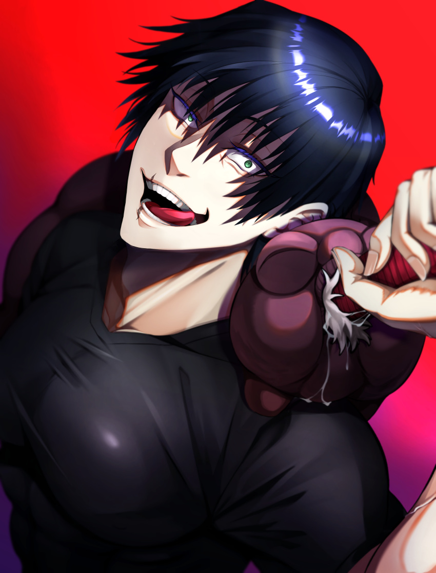 1boy absurdres artist_request black_hair constricted_pupils covered_nipples crazy_eyes drawing_sword from_above fushiguro_touji highres holding holding_sword holding_weapon jujutsu_kaisen looking_at_viewer male_focus mature_male muscular muscular_male pectorals scar scar_on_face scar_on_mouth shirt short_hair smile solo sword t-shirt taut_clothes taut_shirt tongue tongue_out upper_body weapon