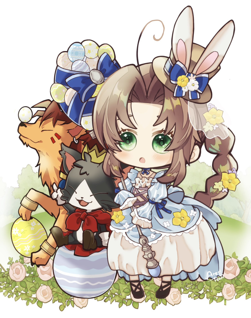 1girl 2boys aerith_gainsborough aerith_gainsborough_(classic_coney) animal_ears arestear0701 artist_name balancing_on_nose black_footwear black_fur blue_choker blue_dress blush bow braid braided_ponytail brown_hair cait_sith_(ff7) cape chibi choker closed_eyes crown dress dress_flower earrings easter easter_egg egg facial_mark fangs final_fantasy final_fantasy_vii final_fantasy_vii_ever_crisis flower full_body gloves green_eyes hair_flower hair_ornament hat hat_bow hat_flower hat_with_ears highres holding holding_staff jewelry juliet_sleeves long_hair long_sleeves mini_crown mini_hat multiple_boys official_alternate_costume open_mouth orange_fur parted_bangs parted_lips puffy_sleeves rabbit_ears red_cape red_hair red_xiii ribbon_choker rose sidelocks single_braid smile staff two-tone_fur white_flower white_fur white_gloves yellow_flower