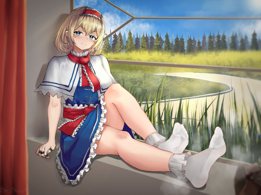 1girl alice_margatroid ascot blonde_hair blue_eyes blue_nails blue_sky boots capelet cloud curtains day dress feet frilled_dress frilled_hairband frilled_socks frills grass hairband hakurei_fling highres jewelry knees legs nail_polish no_shoes path red_ascot red_hairband ring shoes sitting sitting_in_window sky socks soles solo steaming_body tall_grass toes touhou tree unworn_boots unworn_shoes white_capelet white_socks
