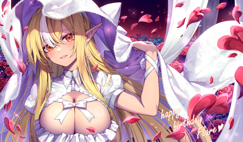 1girl blonde_hair bow breasts cleavage_cutout clothing_cutout collared_dress curry_bowl dress earrings elf flower flower_earrings frilled_dress frills happy_birthday heart highres hololive jewelry lace-trimmed_veil lace_trim large_breasts long_hair looking_at_viewer multicolored_hair parted_lips pointy_ears puffy_short_sleeves puffy_sleeves red_eyes red_flower red_rose rose shiranui_flare short_sleeves solo streaked_hair veil very_long_hair virtual_youtuber white_bow white_dress white_hair