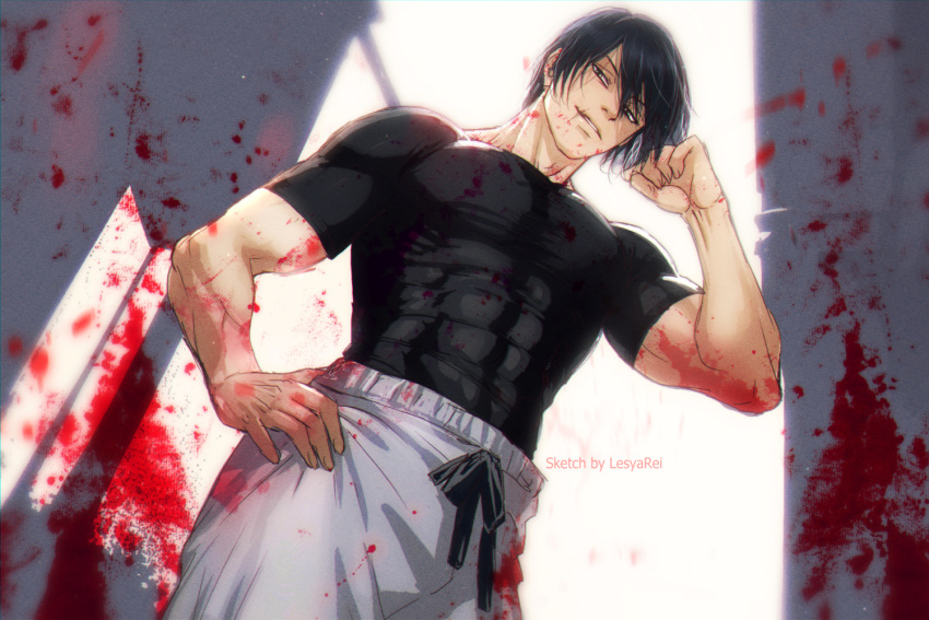 1boy black_hair blood blood_on_hands blood_on_pectorals blood_splatter cowboy_shot from_below fushiguro_touji head_tilt jujutsu_kaisen lesya_rei looking_at_viewer male_focus mature_male muscular muscular_male pectorals scar scar_on_face scar_on_mouth shirt short_hair smile smirk solo tight_clothes tight_shirt