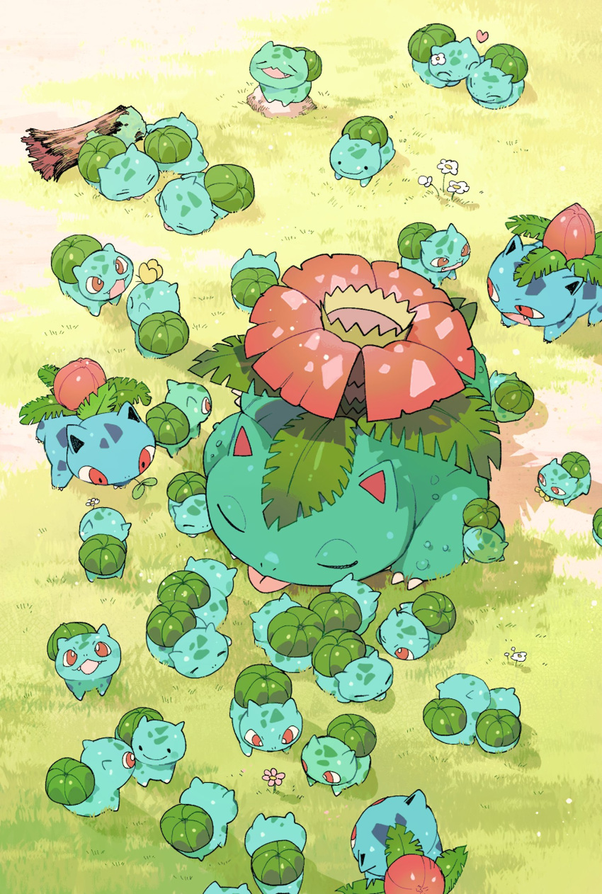 6+others blue_skin bulbasaur colored_skin ditto evolutionary_line fangs flower from_above grass highres ivysaur multiple_others newo_(shinra-p) no_humans open_mouth pokemon pokemon_(creature) red_eyes sleeping tongue tongue_out transformed_ditto venusaur