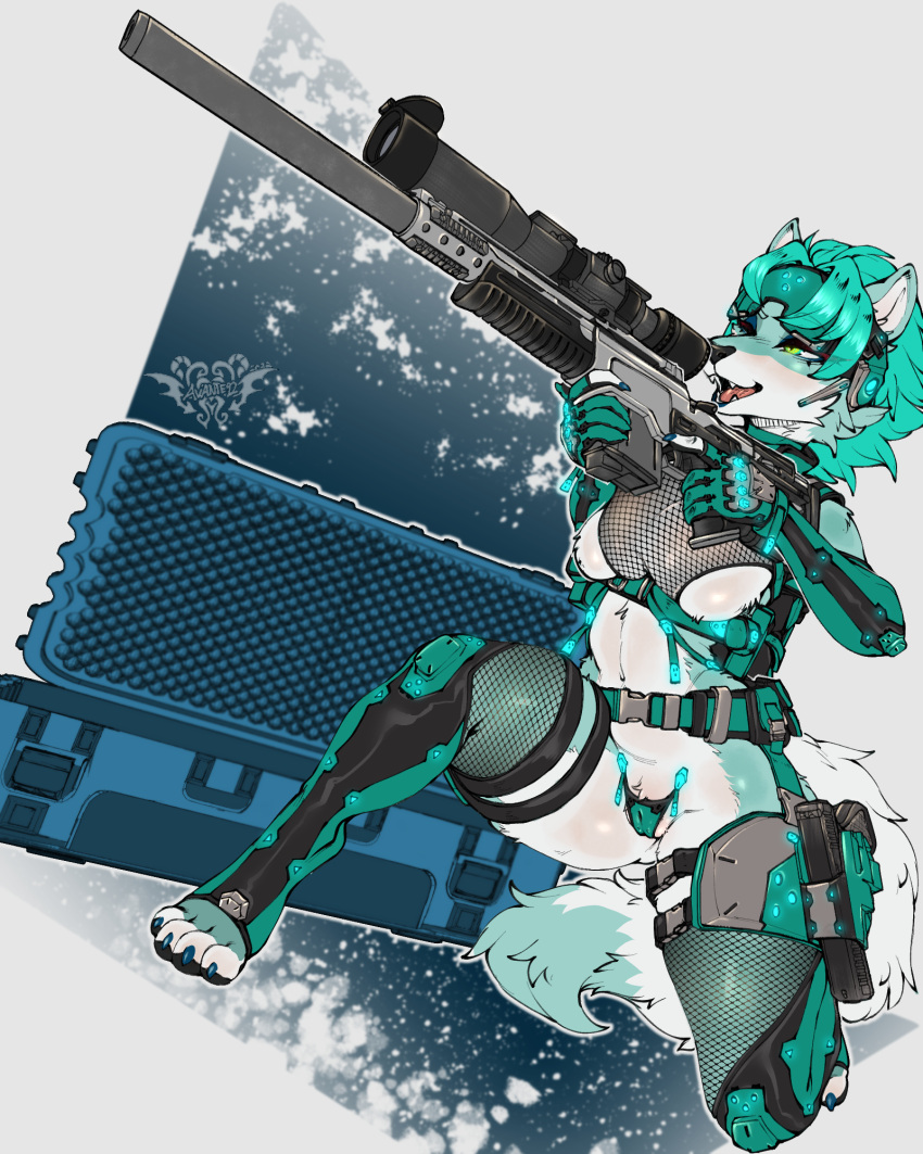 anthro avante92 blush breasts camel_toe canid canine canis clothed clothing female fur genitals gun hair hi_res holding_object holding_weapon mammal ranged_weapon rifle simple_background smile sniper_rifle solo underwear weapon