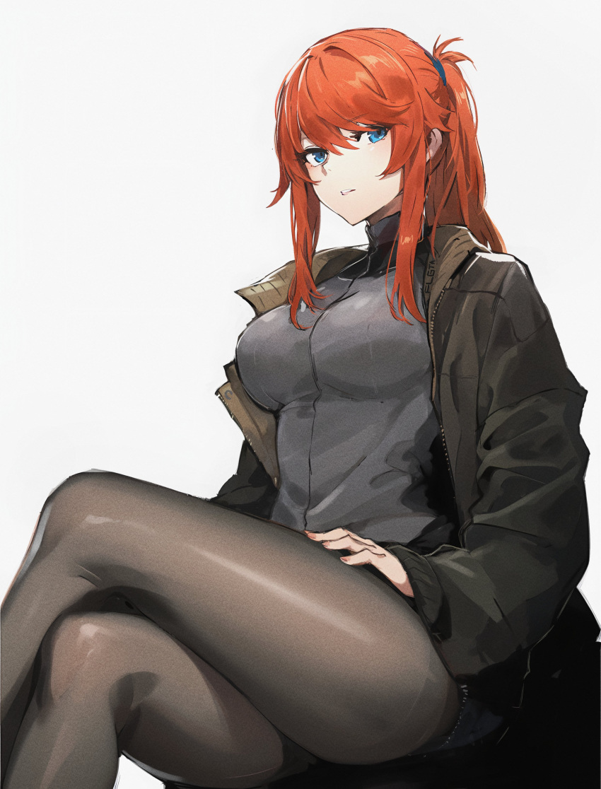 1girl absurdres bird/binary black_pantyhose black_shorts blue_eyes bomber_jacket breasts crossed_legs fregata grey_jacket grey_sweater hair_between_eyes hand_on_own_thigh highres jacket large_breasts las91214 long_bangs open_clothes open_jacket pantyhose ponytail red_hair shiny_pantyhose short_shorts shorts solo sweater turtleneck turtleneck_sweater white_background