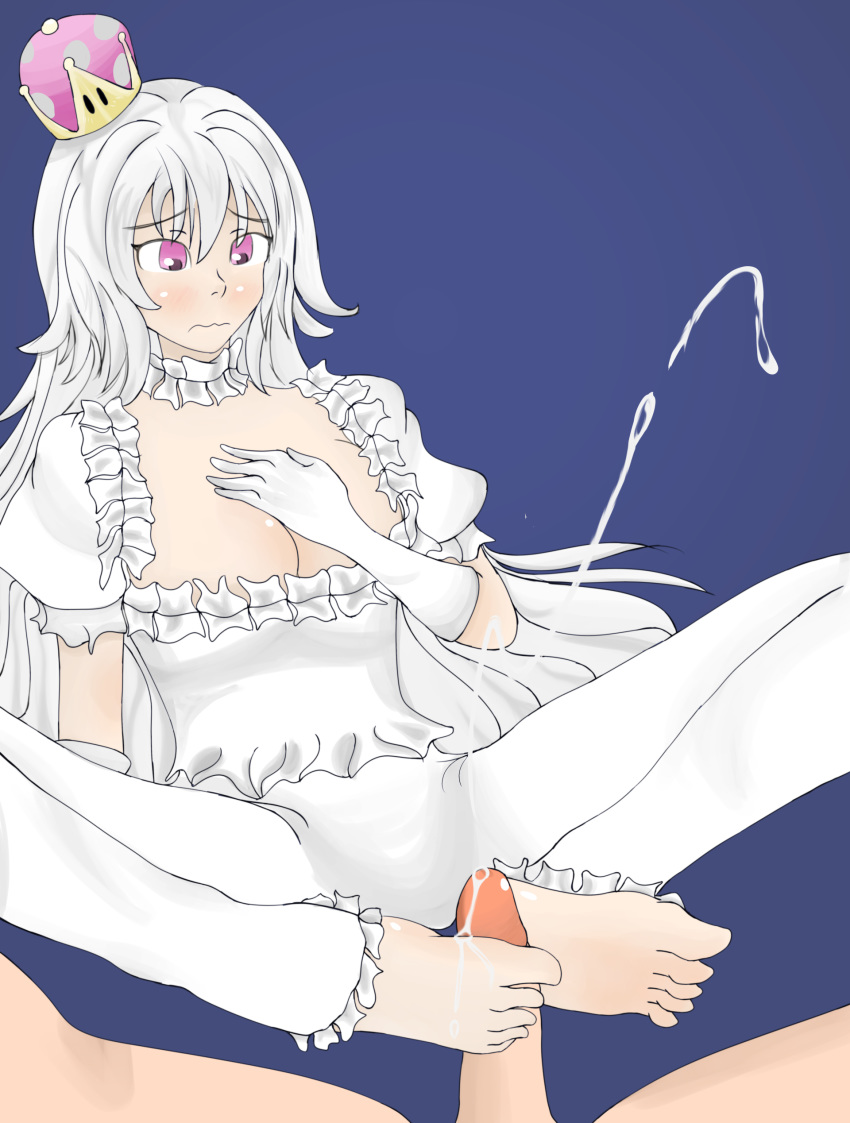 barefoot blush booette cum cum_on_feet cum_on_soles cum_on_toes ejaculation embarrassed feet footjob long_hair penis pink_eyes shy soles toes uncensored white_hair