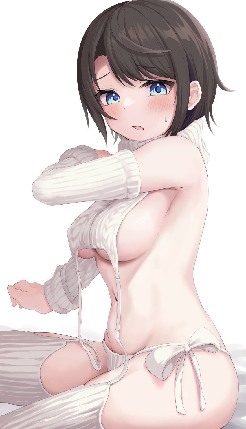 1girl absurdres alternate_costume aqua_eyes backless_outfit bare_shoulders black_hair blue_eyes blush breasts brown_hair cable_knit commentary_request cropped_sweater detached_sleeves embarrassed from_side garter_straps highres hololive looking_at_viewer medium_breasts meme_attire navel oozora_subaru open_mouth panties parted_bangs ribbed_legwear ribbed_panties ribbed_sleeves ribbed_sweater ribbed_thighhighs short_hair side-tie_panties sideboob sideless_outfit simple_background sitting sleeveless sleeveless_sweater sleeveless_turtleneck solo stomach sweat sweater swept_bangs thighhighs tihirowo turtleneck turtleneck_sweater underboob underwear virgin_destroyer_sweater virtual_youtuber white_background white_panties white_sweater white_thighhighs