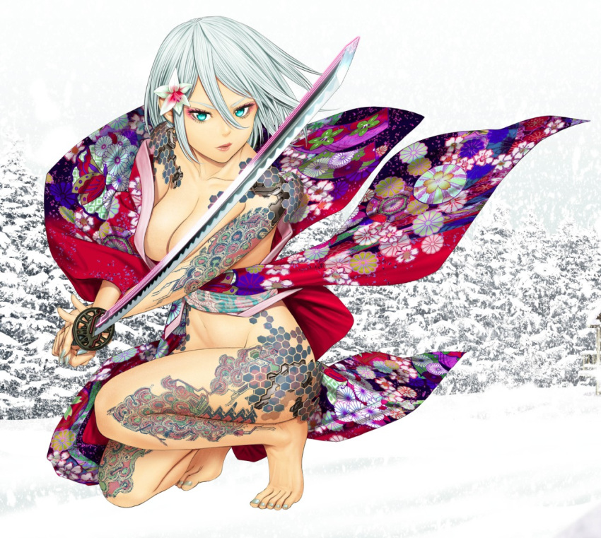 barefoot blue_eyes breasts cleavage collarbone day ex-arm eyeliner fighting_stance floral_print flower full_body groin hair_between_eyes hair_flower hair_ornament holding holding_sword holding_weapon honeycomb_(pattern) japanese_clothes katana kimono kneeling looking_at_viewer makeup navel official_art one_knee outdoors pink_lips sash shinya_komi short_hair silver_nails snow solo sword tattoo toenail_polish toes tree weapon white_hair winter