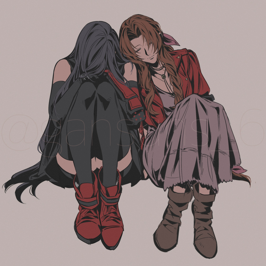 2girls aerith_gainsborough bare_shoulders black_gloves black_hair black_shorts black_skirt black_thighhighs boots brown_footwear brown_hair choker dress elbow_gloves elbow_pads final_fantasy final_fantasy_vii final_fantasy_vii_rebirth final_fantasy_vii_remake flower_choker full_body gloves grey_background hair_over_face hair_ribbon highres jacket leaning_on_person long_dress long_hair multiple_girls parted_bangs pink_dress pink_ribbon red_footwear red_jacket ribbon roku_(gansuns) sad shorts sidelocks single_elbow_pad sitting skirt thighhighs tifa_lockhart twitter_username wavy_hair