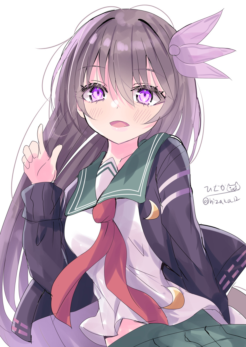 1girl absurdres black_cardigan blush breasts cardigan collarbone crescent crescent_pin green_skirt hair_between_eyes hair_ornament highres hizaka kantai_collection kisaragi_(kancolle) kisaragi_kai_ni_(kancolle) long_hair looking_at_viewer medium_breasts neckerchief one-hour_drawing_challenge open_cardigan open_clothes open_mouth pleated_skirt purple_eyes purple_hair red_neckerchief school_uniform serafuku signature simple_background skirt solo twitter_username white_background