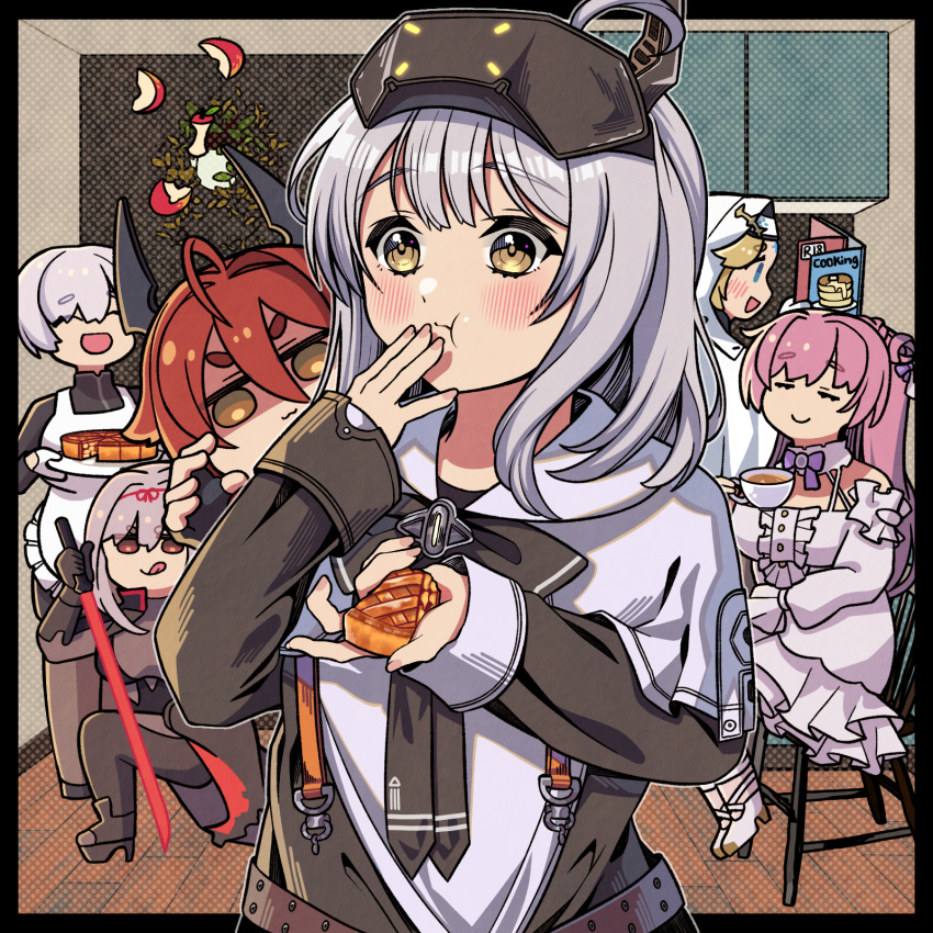 6+girls :3 ahoge akio_(akio1124) apple apple_pie black_dress blonde_hair blue_eyes blush bodysuit breasts brown_bodysuit cleavage cloak closed_eyes closed_mouth commentary_request cookbook cup dessert dorothy_(nikke) dress eating energy_sword flat_chest flower-shaped_hair food frilled_dress frills fruit full_body gloves goddess_(nikke) goddess_of_victory:_nikke hair_between_eyes hair_bun hair_intakes halftone hand_to_own_mouth head-mounted_display highres holding holding_cup holding_food horns indoors jacket kneeling large_breasts lightsaber liliweiss_(nikke) long_hair long_sleeves manga_(object) mechanical_horns military_uniform multiple_girls open_mouth pie pie_slice pink_hair purple_ribbon rapunzel_(nikke) red_hair red_hood_(nikke) red_lightsaber ribbon scarlet_(black_shadow)_(nikke) scarlet_(nikke) shaded_face shadow shiny_eyes short_hair single_side_bun sitting smile snow_white_(innocent_days)_(nikke) snow_white_(nikke) standing sword teacup tongue tongue_out uniform veil very_long_hair visor_lift weapon white_cloak white_dress white_hair yellow_eyes