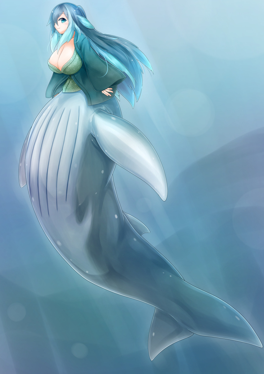 1girl blue_eyes blue_hair breasts fins from_side full_body highres klew long_hair long_sleeves mermaid monster_girl original solo taur