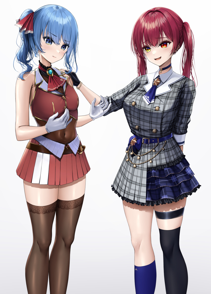 2girls absurdres ascot asymmetrical_legwear black_choker black_thighhighs blue_eyes blue_hair blue_socks breasts choker cosplay costume_switch cropped_jacket dress frilled_choker frills gloves grey_dress hair_ribbon heterochromia highres hololive hoshimachi_suisei hoshimachi_suisei_(1st_costume) hoshimachi_suisei_(cosplay) houshou_marine houshou_marine_(1st_costume) houshou_marine_(cosplay) jacket laimer large_breasts leotard leotard_under_clothes long_hair looking_at_viewer miniskirt multiple_girls open_mouth pleated_skirt red_ascot red_eyes red_jacket red_ribbon red_skirt ribbon skirt sleeveless sleeveless_jacket small_breasts smile socks striped_clothes striped_dress thigh_strap thighhighs vertical-striped_clothes vertical-striped_dress virtual_youtuber white_gloves yellow_eyes