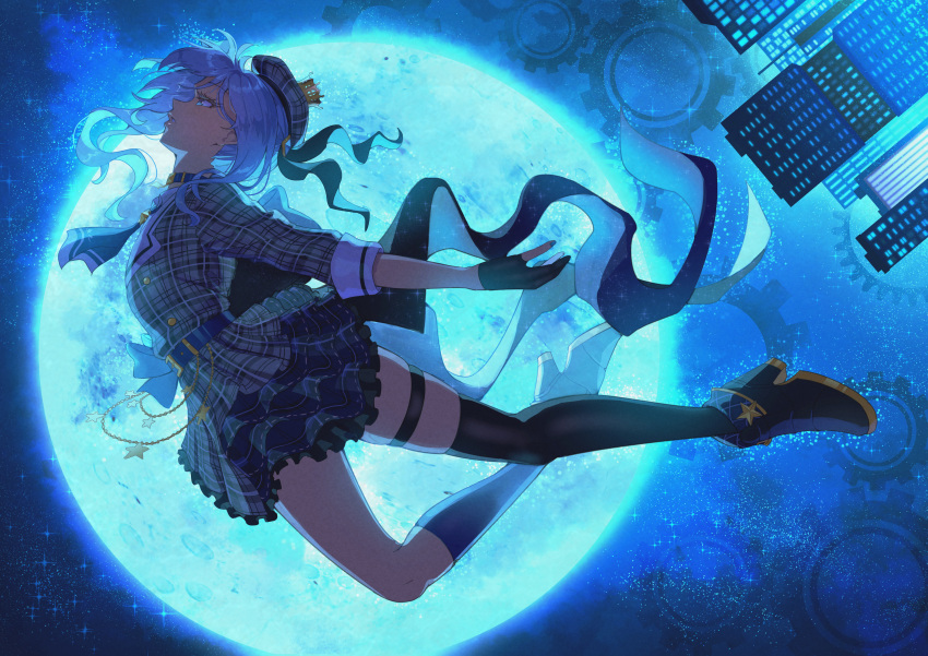 1girl absurdres asymmetrical_legwear beret black_gloves black_thighhighs blue_choker blue_nails choker dress full_body full_moon gloves hat highres hololive hoshimachi_suisei hoshimachi_suisei_(1st_costume) midorin_567 mismatched_legwear moon nail_polish parted_lips partially_fingerless_gloves side_ponytail single_thighhigh solo star_(sky) thigh_strap thighhighs uneven_legwear virtual_youtuber