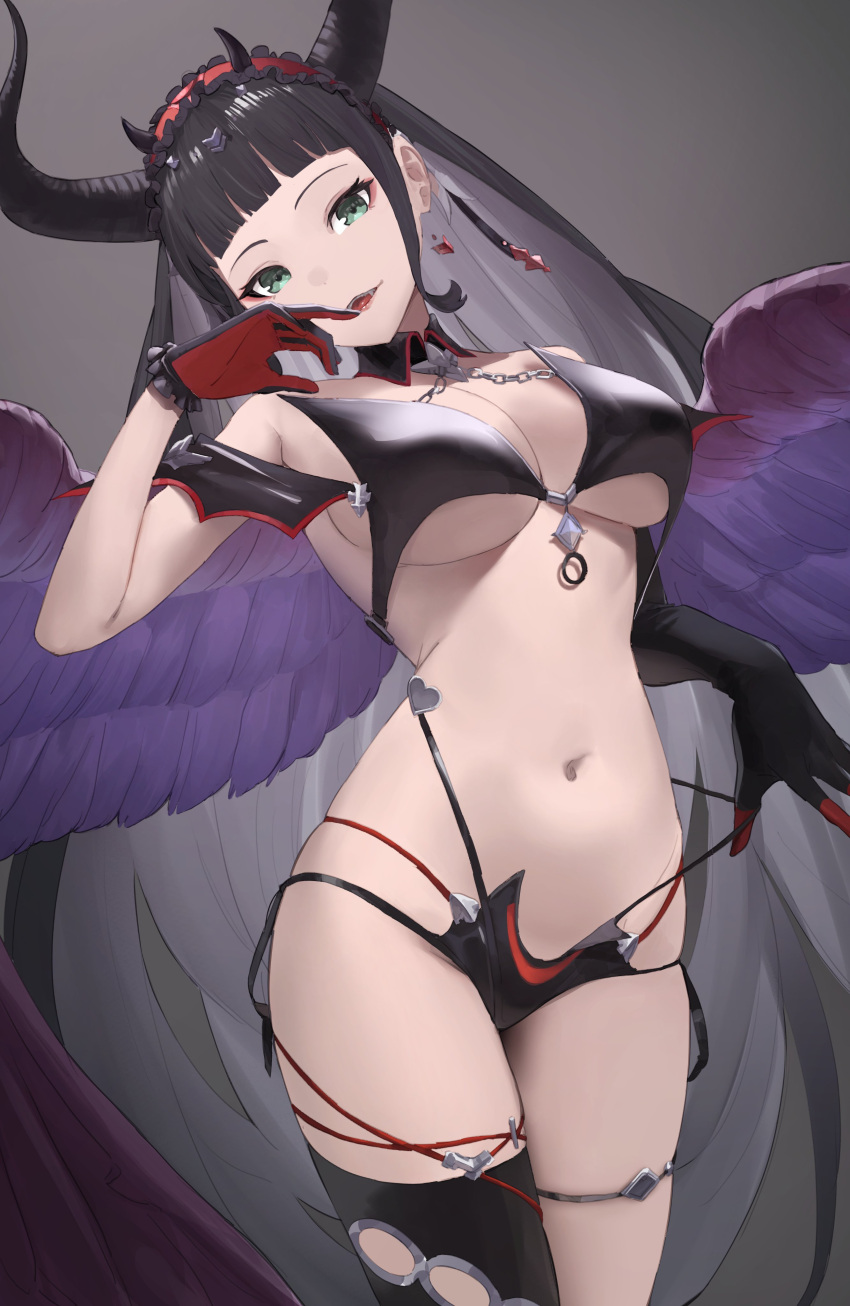 1girl absurdres asymmetrical_gloves bikini bikini_bottom_pull black_bikini black_gloves black_hair blunt_bangs boots breasts commentary_request demon_horns drop_earrings earrings elbow_gloves feathered_wings frilled_hairband frills gloves gradient_background granblue_fantasy green_eyes hairband hand_to_own_mouth highleg highleg_bikini highres horns jewelry large_breasts long_hair looking_at_viewer magus_(granblue_fantasy) matsukan_(dug_pile) mismatched_gloves multi-strapped_bikini_bottom navel open_mouth pulled_by_self red_gloves simple_background single_elbow_glove single_glove single_thigh_boot smile solo swimsuit thigh_boots thigh_strap two-tone_gloves very_long_hair wings