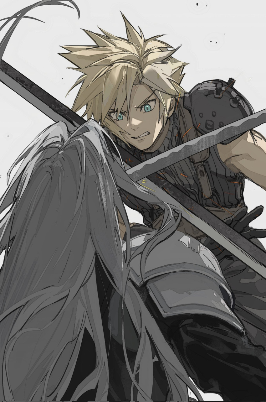 2boys aqua_eyes armor battle belt black_coat black_gloves blonde_hair brown_belt buster_sword clenched_teeth cloud_strife coat crossed_swords final_fantasy final_fantasy_vii final_fantasy_vii_rebirth final_fantasy_vii_remake furrowed_brow gloves grey_background grey_hair highres holding holding_sword holding_weapon long_hair looking_at_another male_focus masamune_(ff7) multiple_boys sephiroth short_hair shoulder_armor sleeveless sleeveless_turtleneck spiked_hair suspenders sword teeth turtleneck upper_body weapon yanfenguo_gao