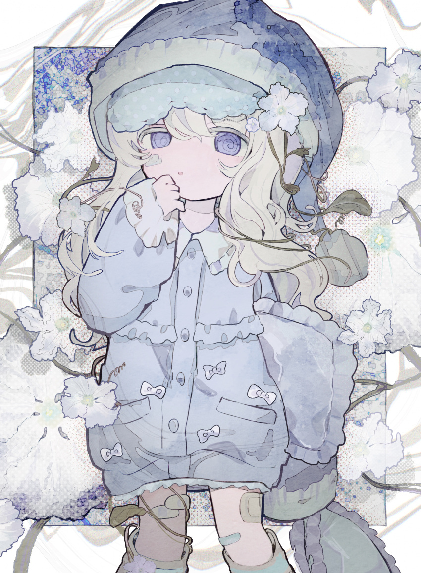 1girl @_@ absurdres bandaid bandaid_on_cheek bandaid_on_face bandaid_on_knee bandaid_on_leg blonde_hair blue_hat blue_jacket bow buttons commentary_request feet_out_of_frame flower frilled_jacket frilled_pillow frills gauze gauze_on_leg hair_flower hair_ornament hand_to_own_mouth hand_up hat highres holding holding_pillow jacket long_hair long_sleeves looking_at_viewer nightcap original outside_border pajamas parted_lips pillow plant purple_eyes sleep_mask sleeves_past_wrists solo soresaki uneven_eyes vines wavy_hair white_bow white_flower